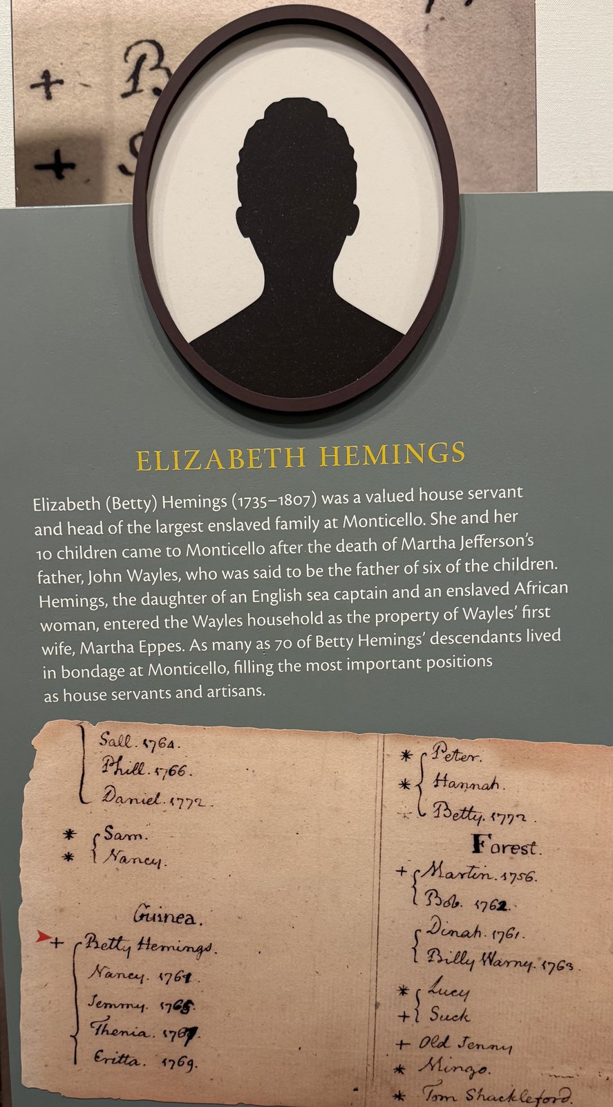 Monticello exhibit: Elizabeth Hemings, beside Jefferson's handwritten record of the family