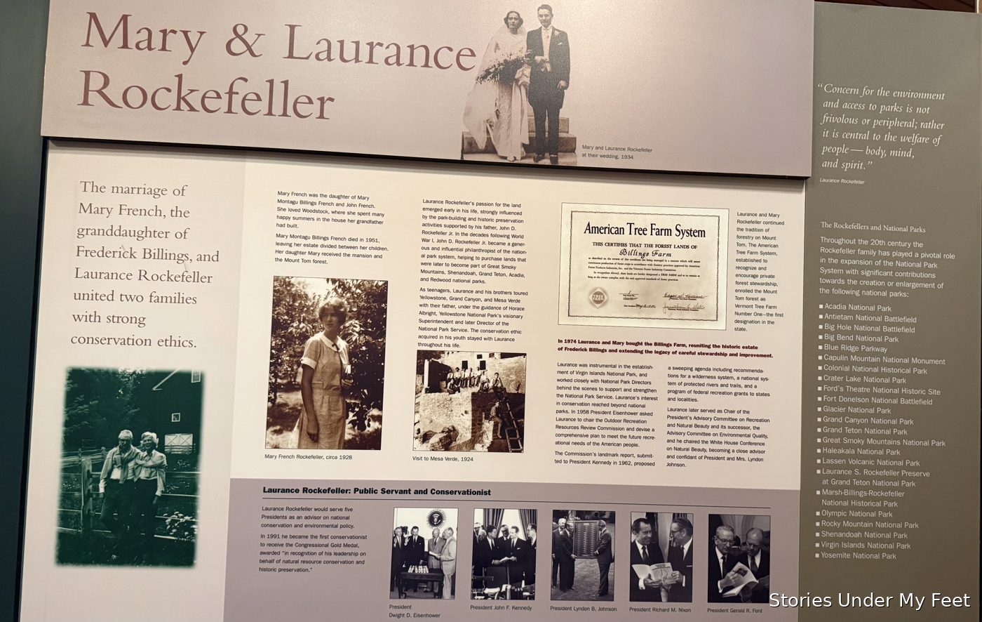 Museum panel on Mary and Laurance Rockefeller and the Rockefeller family's role in expanding the national parks