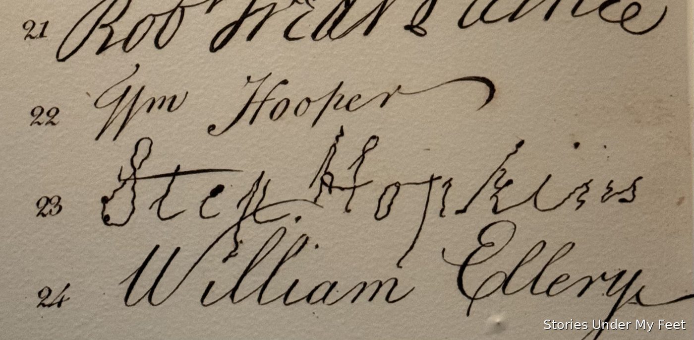 Signatures on an engraved copy of the Declaration — №23, Stephen Hopkins, wobbles like a little wave next to the others